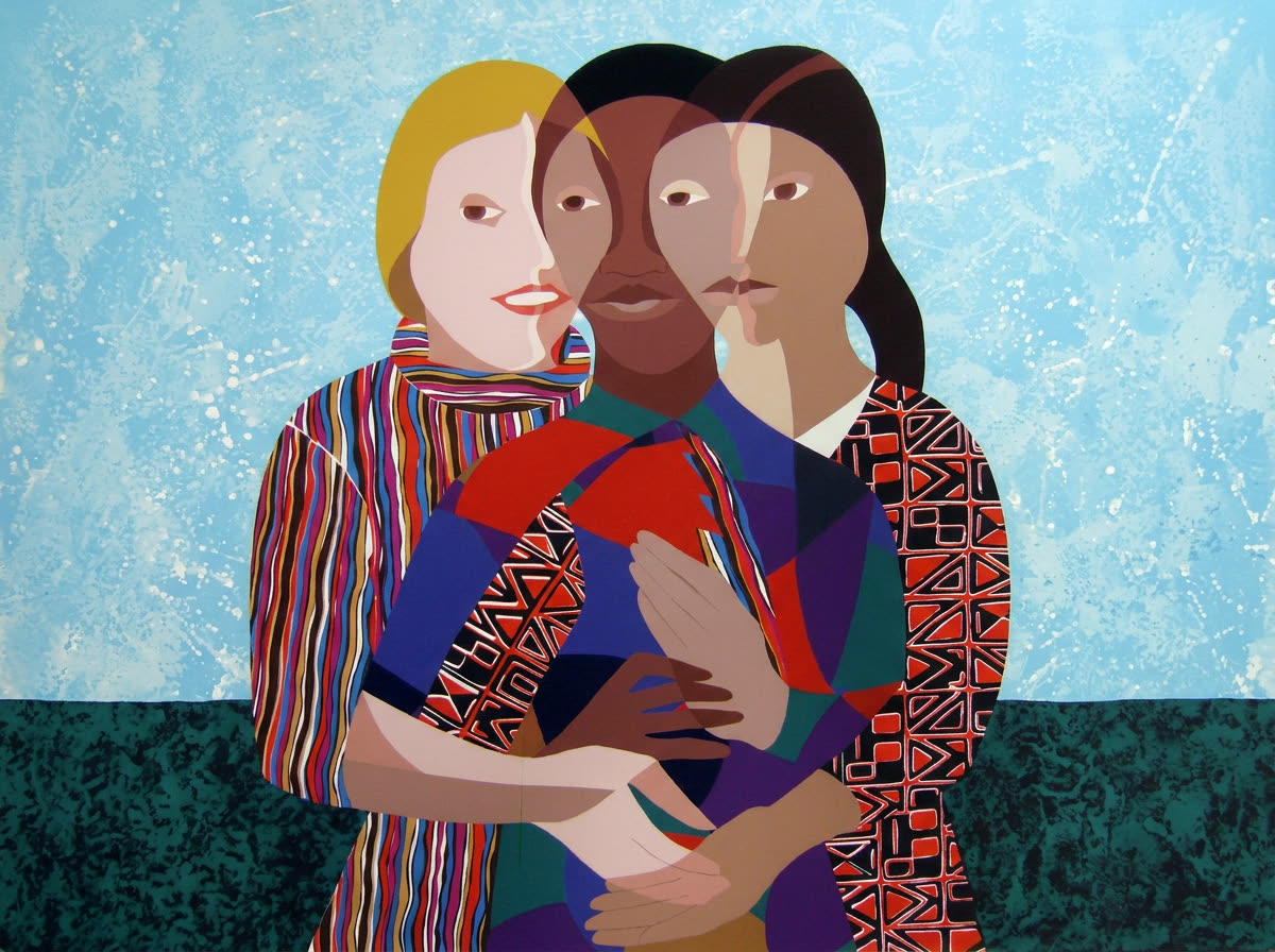 Painting of three women of different backgrounds standing arm in arm